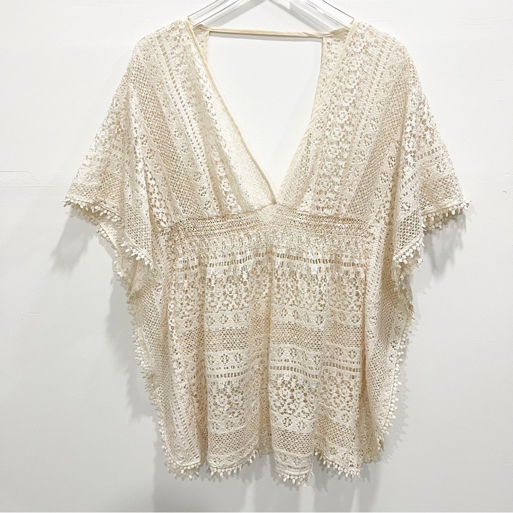 Xhilaration Lace Crochet Kaftan Mini Dress Swim Cover-Up in Cream Large
